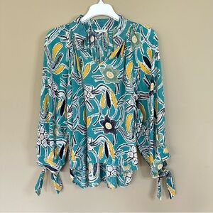 Christian Siriano Women Large Whimsical Boho Floral Top Tie Sleeves Modest Blue